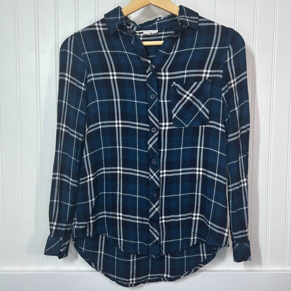 Beach Lunch Lounge Flannel Plaid Button Down Shirt Blue Cozycore Lumberjack - Picture 2 of 10